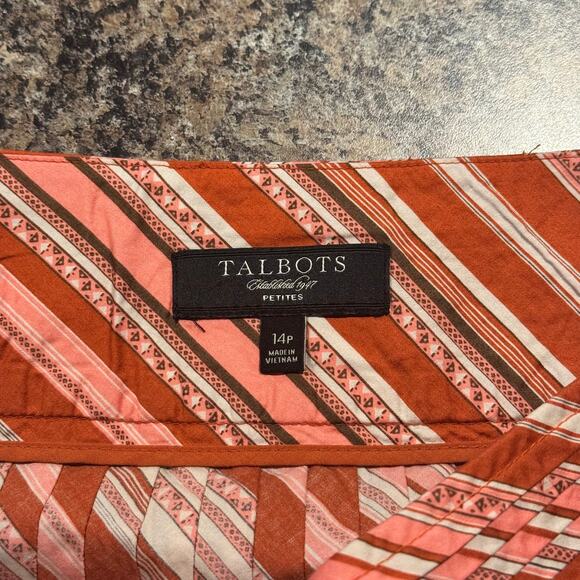 Talbots Skirt Pleated Boho Retro Preppy Coastal Cottage Prairie Orange Pink 14P - Picture 2 of 4
